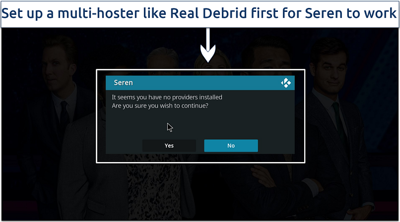 A screenshot showing Seren Kodi addon requires a multi-hoster or link generator to work