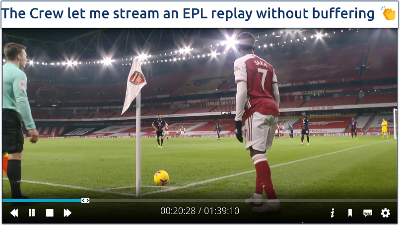 A screenshot shows the Crew addon streaming a Premier League match replay without buffering