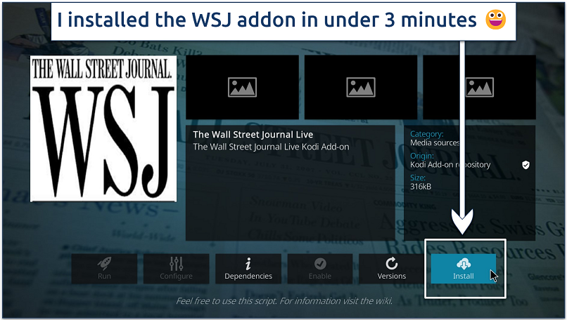 A screenshot showing it's to install The Wall Street Journal addon on Kodi