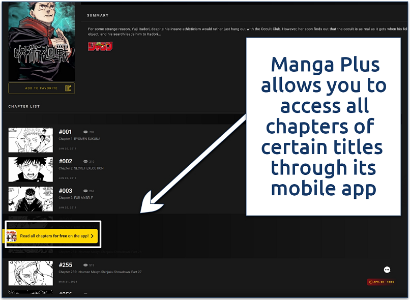 A screenshot showing Manga Plus' manga chapter select page