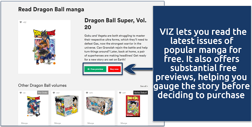 A screenshot showing VIZ's manga selection