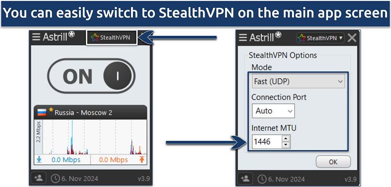 Screenshot of Astrill VPN's app interface connected to Russian server, highlighting StealthVPN protocol