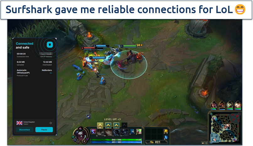 Screenshot of LoL gameplay with Surfshark connected