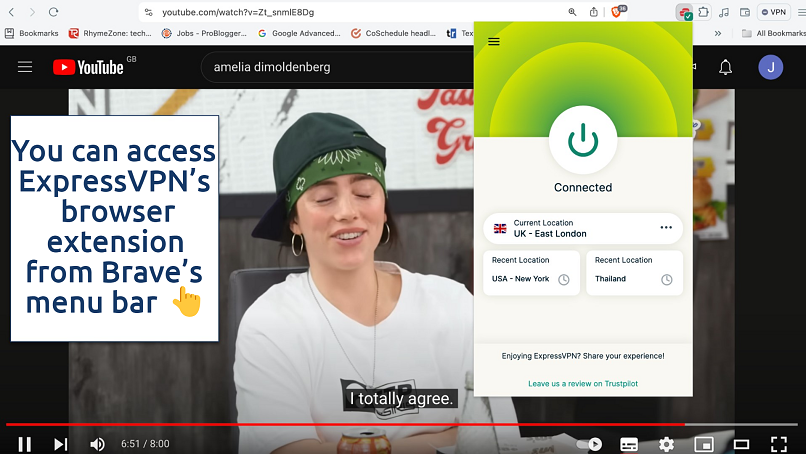Screenshot showing ExpressVPN's Brave browser extension