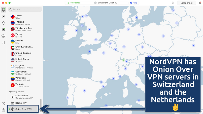 Screenshot showing NordVPN's Onion Over VPN servers