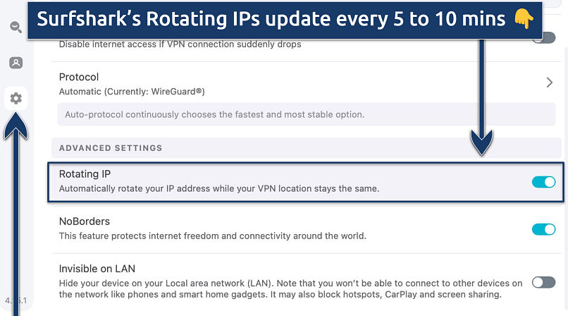 Screenshot showing Surfshark's Rotating IP feature