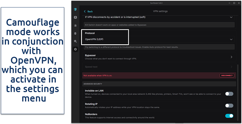 Screenshot of the Surfshark settings menu