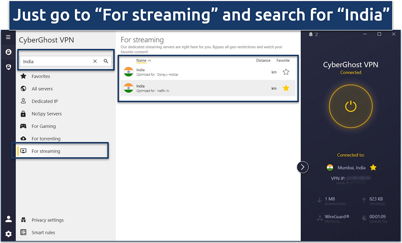 Screenshot of the CyberGhost Windows app with its streaming servers for India highlighted and an active connection to its Netflix India server