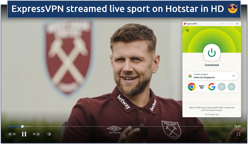 Screenshot of streaming football news on Disney Hotstar while connected to the ExpressVPN India server