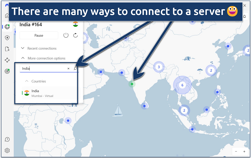 Screenshot of the NordVPN Windows app with its interactive server map and connect box with an active connection to the India server