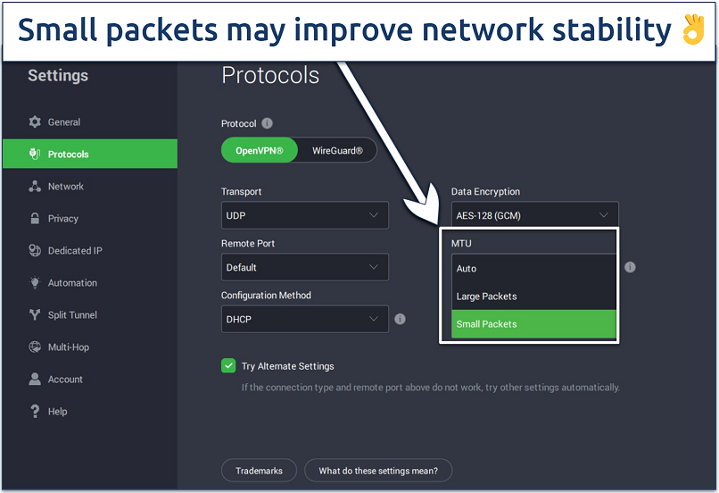 Screenshot of the PIA Windows app with its settings page open and the MTU packet size dropdown expanded