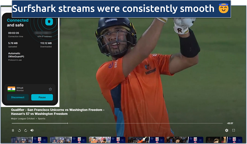 Screenshot of streaming cricket on JioCinema while connected to Surfshark's India server