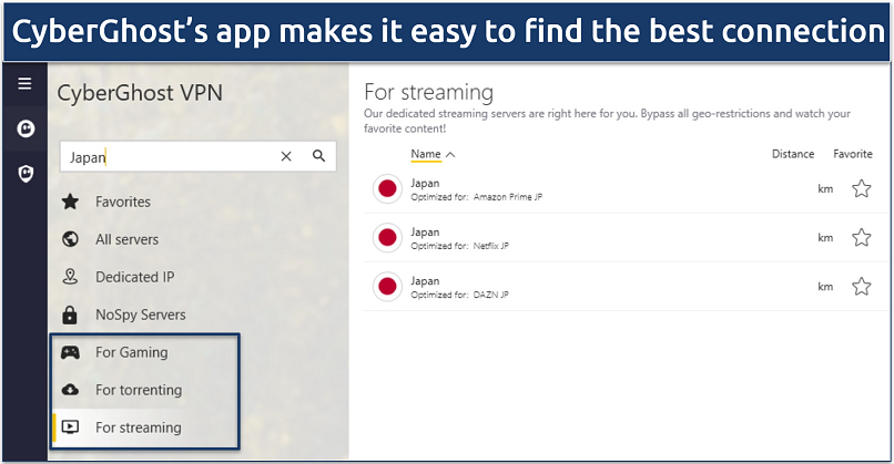 An image showing CyberGhost Japan servers optimized for streaming