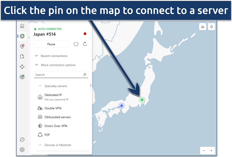 An image showing NordVPN connected to a server in Japan