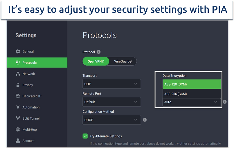 An image showing PIA customizable security features on a Windows app