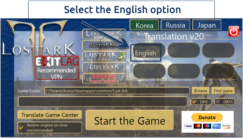 A screenshot showing the Lost Ark translation patch