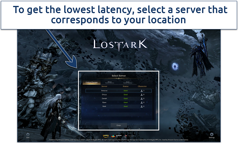 A screenshot showing the Lost Ark server selection screen