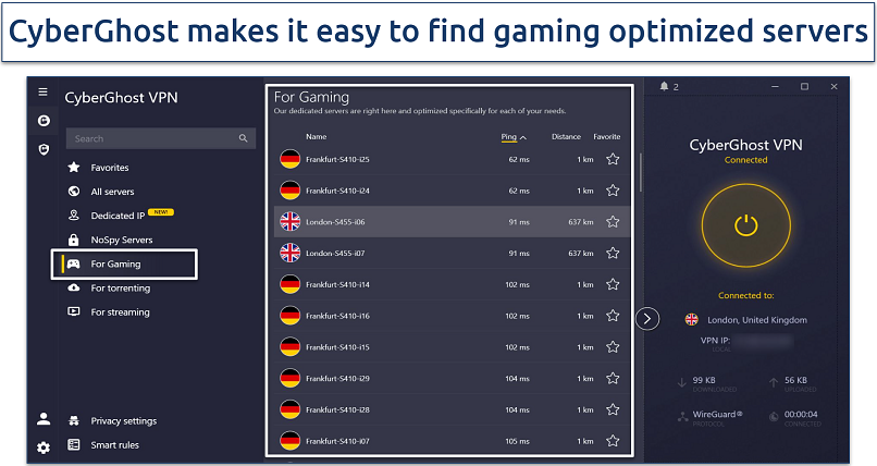 A screenshot showing CyberGhost's gaming servers