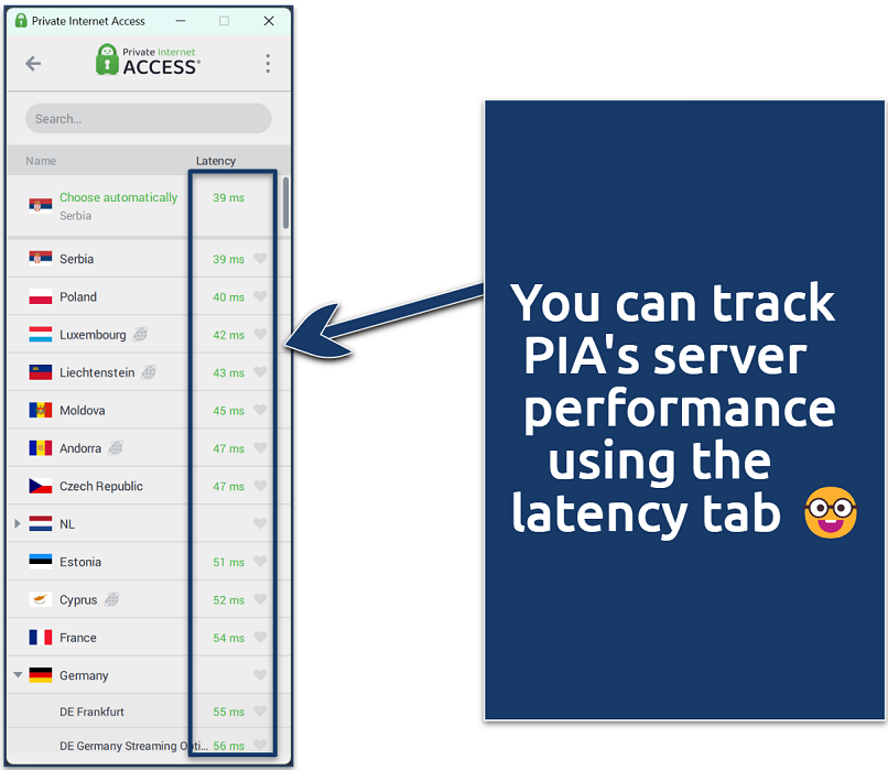 A screenshot showing PIA's server selection screen