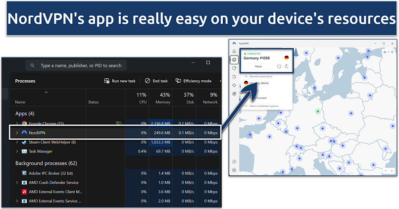 A screenshot showing NordVPN's lightweight app