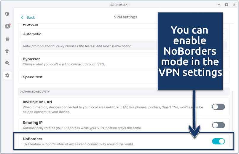 A screenshot showing Surfshark's VPN settings screen