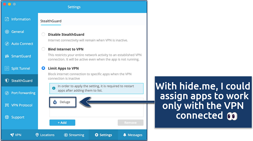 Screenshot showing how to limit apps to VPN on the hide.me app