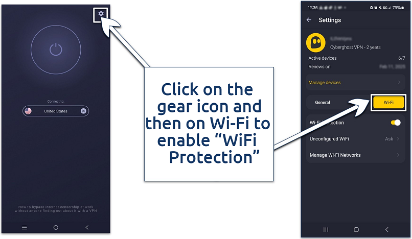 Screenshot displaying CyberGhost's Android app and highlighting where to find its WiFi settings