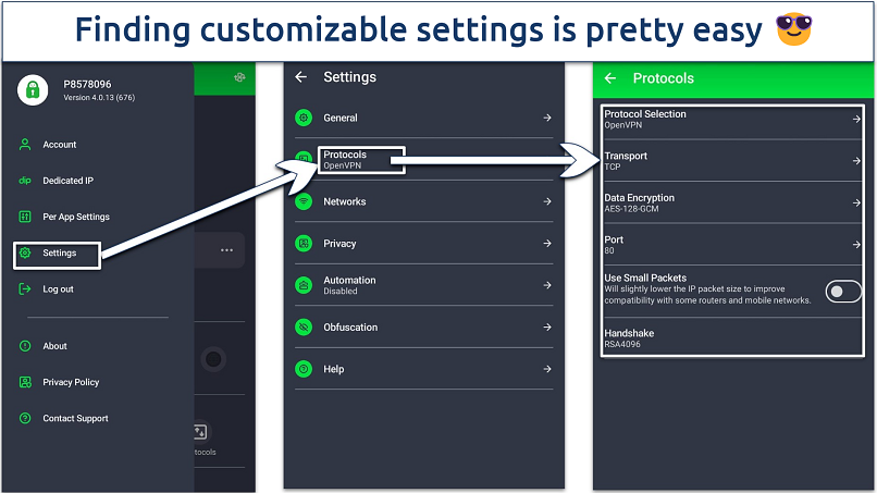 Screenshot showing protocol settings of PIA on Android app interface