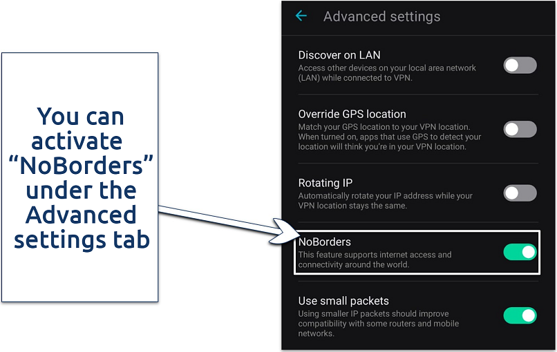 Screenshot showing advanced settings on Surfshark's Android app