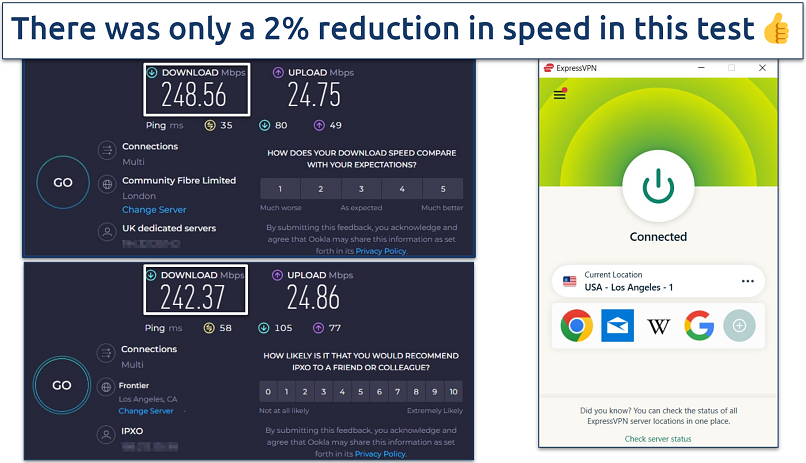 Screenshot showing speeds of ExpressVPN on London and Los Angeles servers