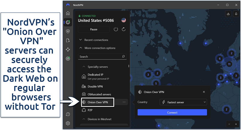 Screenshot showing the app interface of NordVPN with Onion over VPN servers highlighted