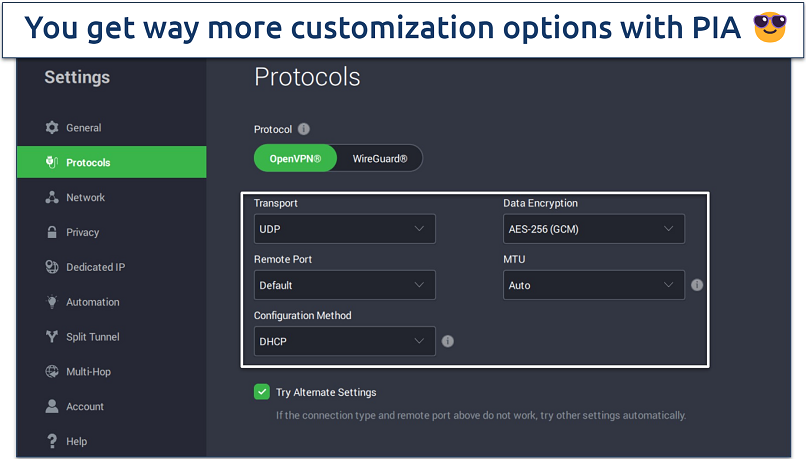 Screenshot showing the app interface of PIA with Protocols settings open.