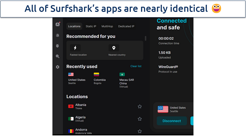 Screenshot of Surfshark app's main page on Mac