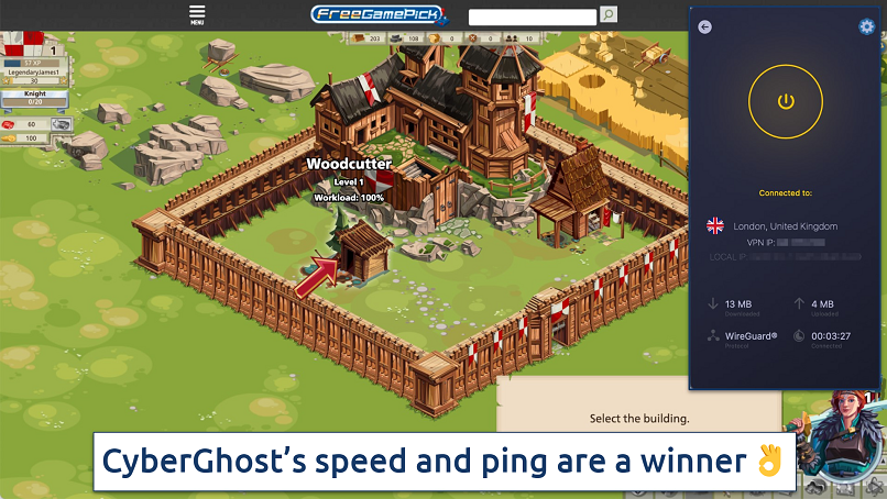 Screenshot showing the CyberGhost app over an online game