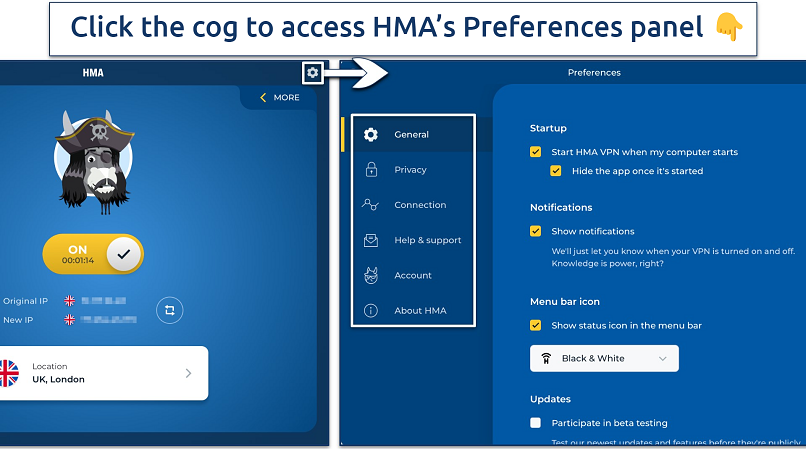 Screenshot showing the 2 main screens of the HMA desktop app