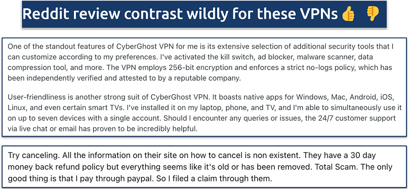 Screenshot showing Reddit reviews for CyberGhost and HMA