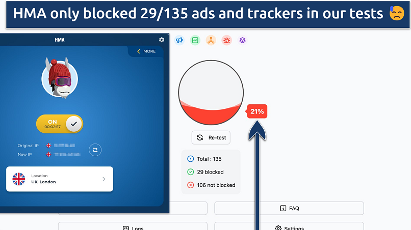 Screenshot showing the ineffectiveness of HMA at blocking ads