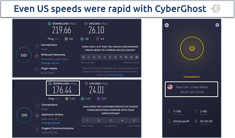 Screenshot showing the CyberGhost app alongside our base speed and a US speed test