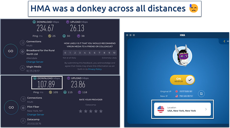 Screenshot showing the HMA app alongside our base speed and a US speed test