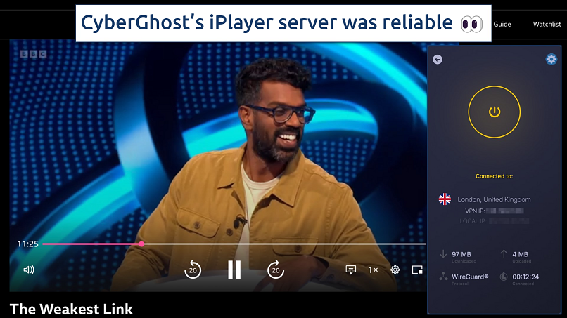 Screenshot showing the CyberGhost app connected to a UK server over the BBC iPlayer