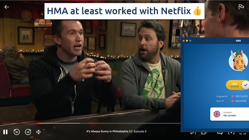 Screenshot showing HMA connected to a UK server over Netflix