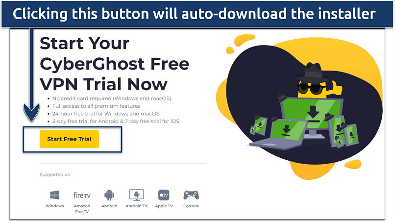 A screenshot showing CyberGhost's free trial page