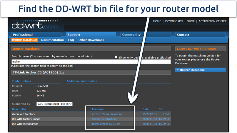 Screenshot showing the DD-WRT firmware database for Archer C5