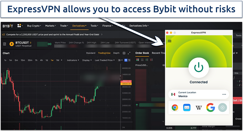 Screenshot showing Bybit trading interface with ExpressVPN