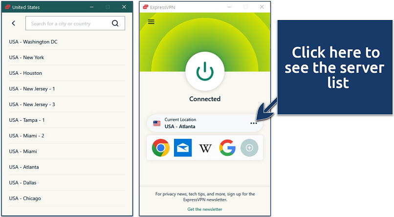 Screenshot of ExpressVPN's Windows app with its list of US server locations