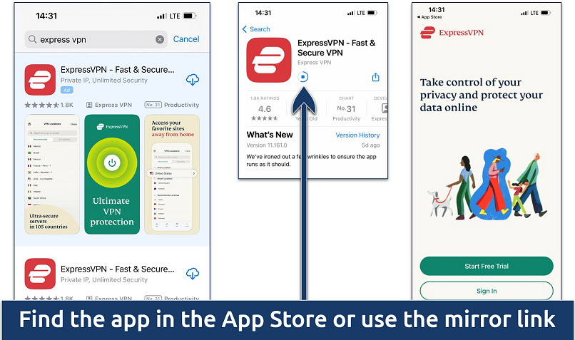 Screenshot showing the finding and installing the ExpressVPN app from App Store