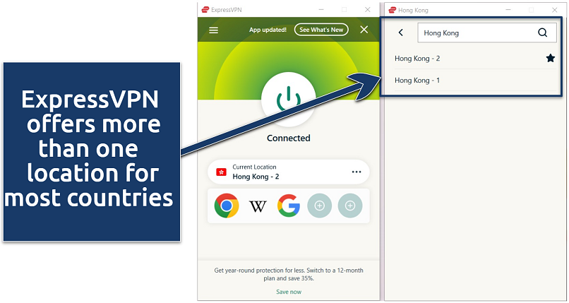 Screenshot showing how to connect to the best possible server automatically on ExpressVPN's desktop Windows app