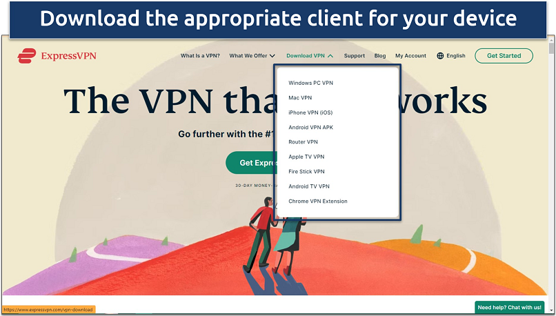 Screenshot of ExpressVPN home page showing where to download the apps for different device types