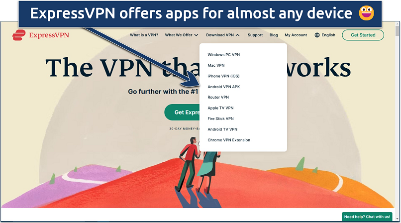 Screenshot of ExpressVPN's website with download links for various devices