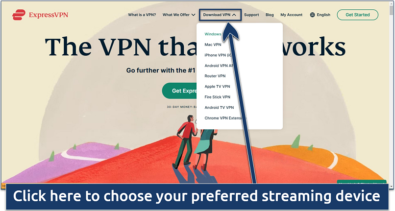 Screenshot of ExpressVPN's website homepage with the option to download apps for various devices